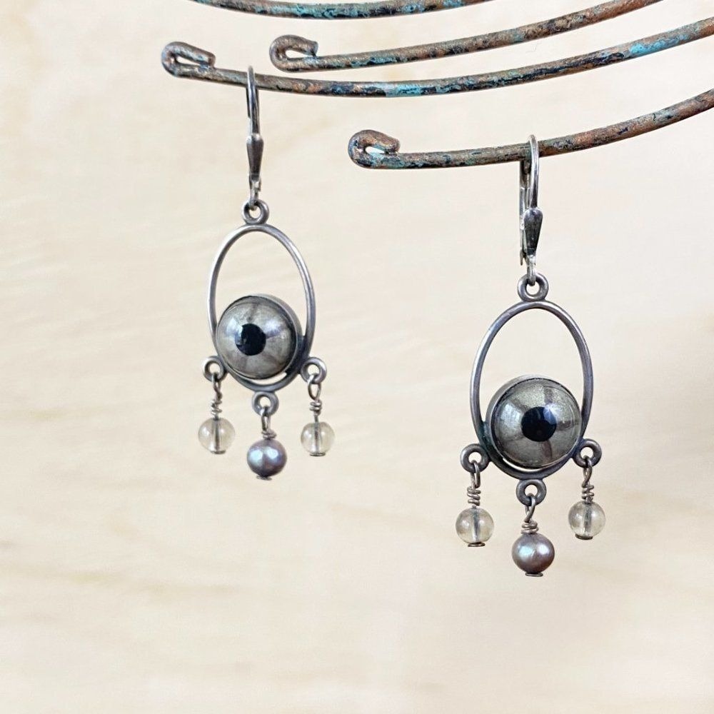 925 Silver Earrings Eyes Gray Beaded Dangle Eyeβ